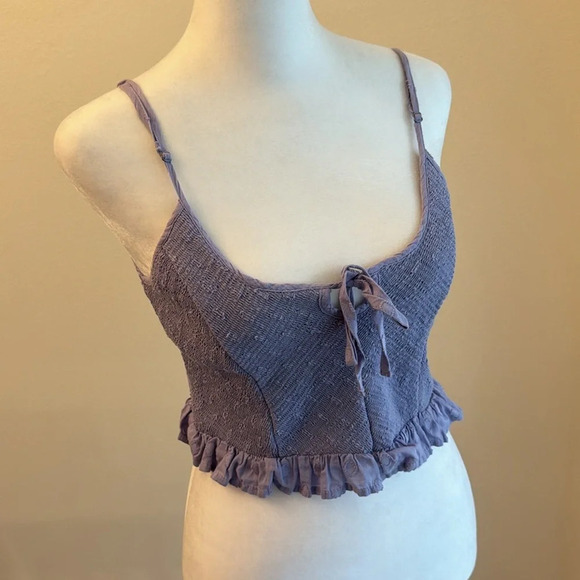 UO Janae Ruffle Lavender Cami Dot Embroidered Smocked Top - Picture 2 of 10